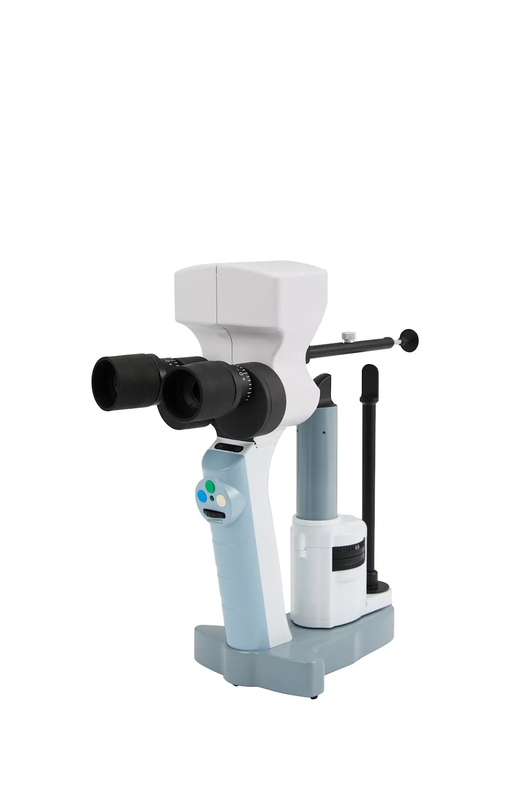 Angled view of the BOLAN 5100 Plus portable slit lamp in white and pale blue