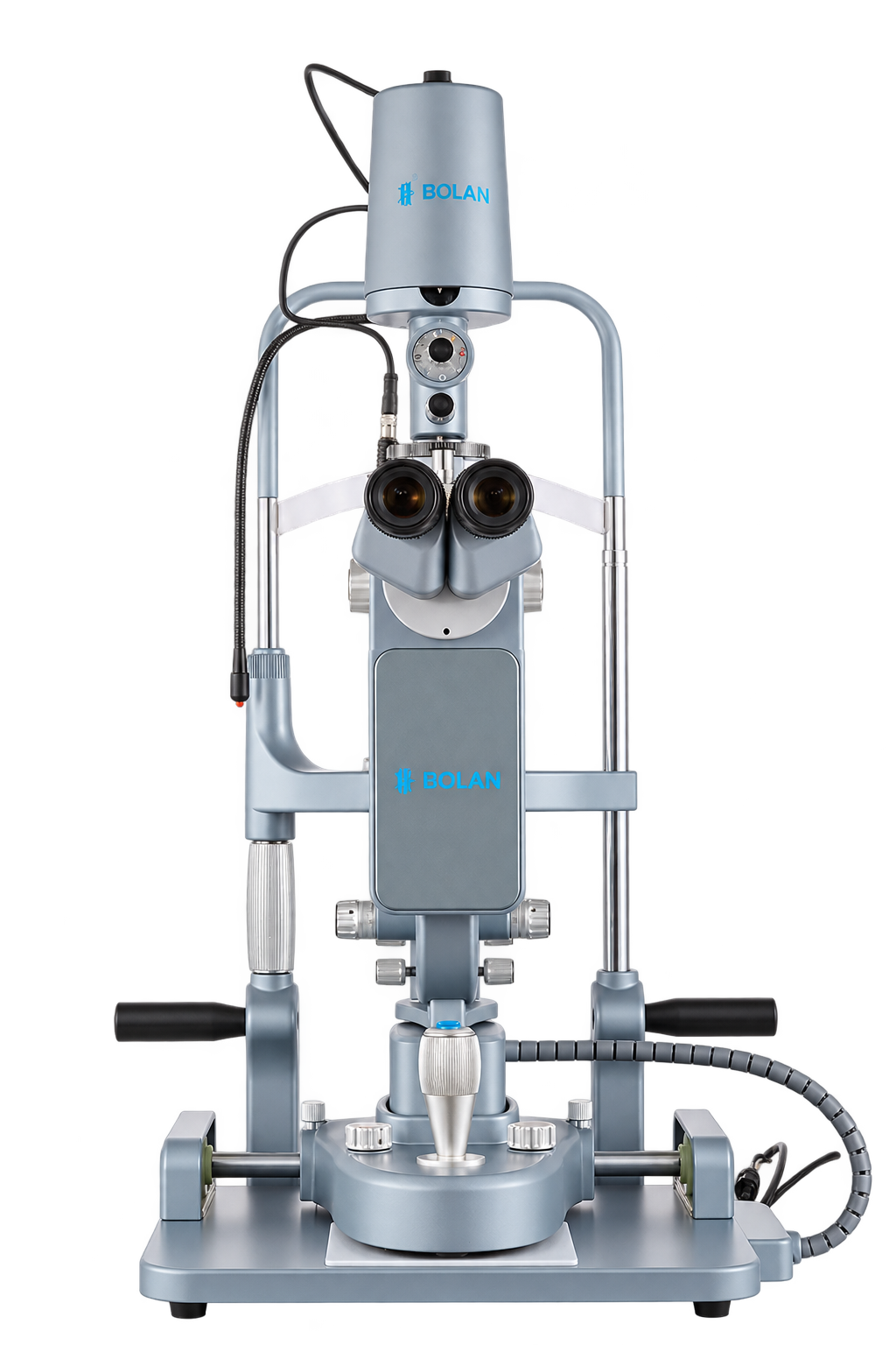 Front view of the BOLAN BL-99F digital slit lamp in blue-gray finish