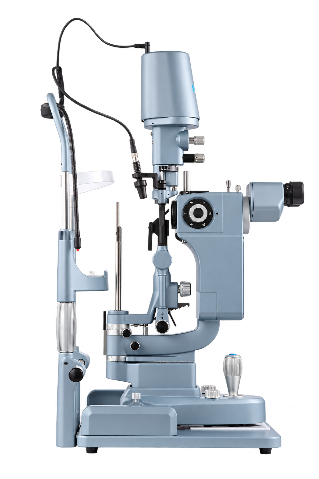 Profile view of the BL-99F binocular microscope and five-step magnification selector