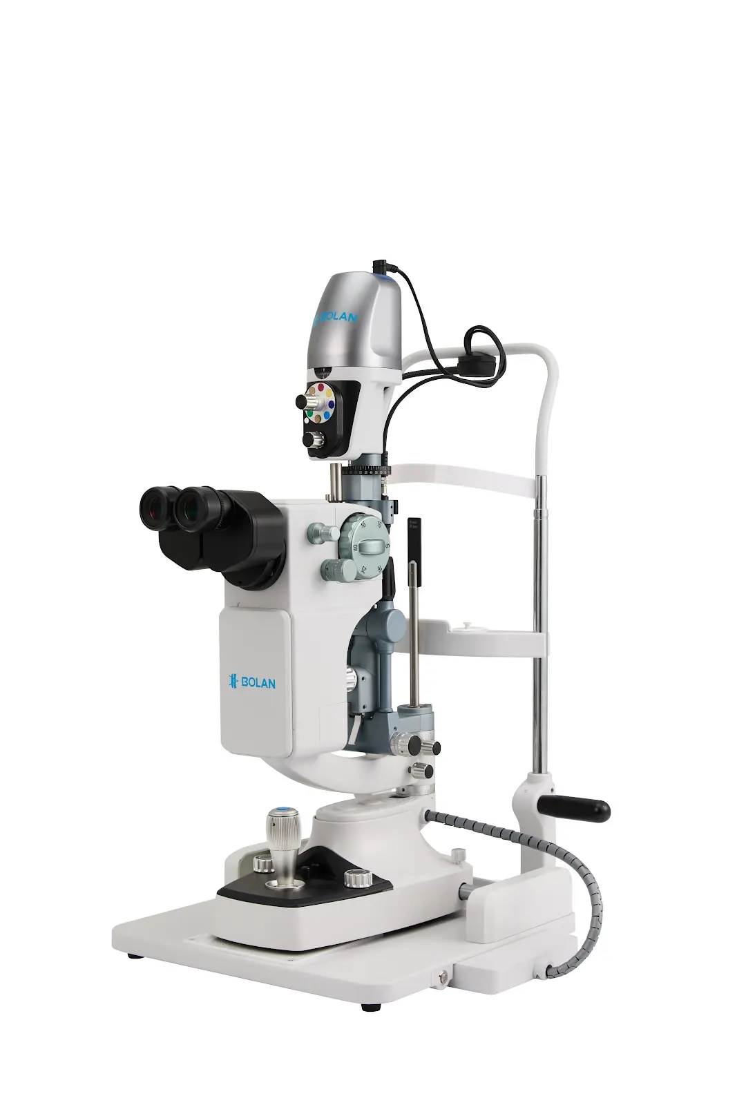 Angled view of the BOLAN BL-99H slit lamp in white and silver
