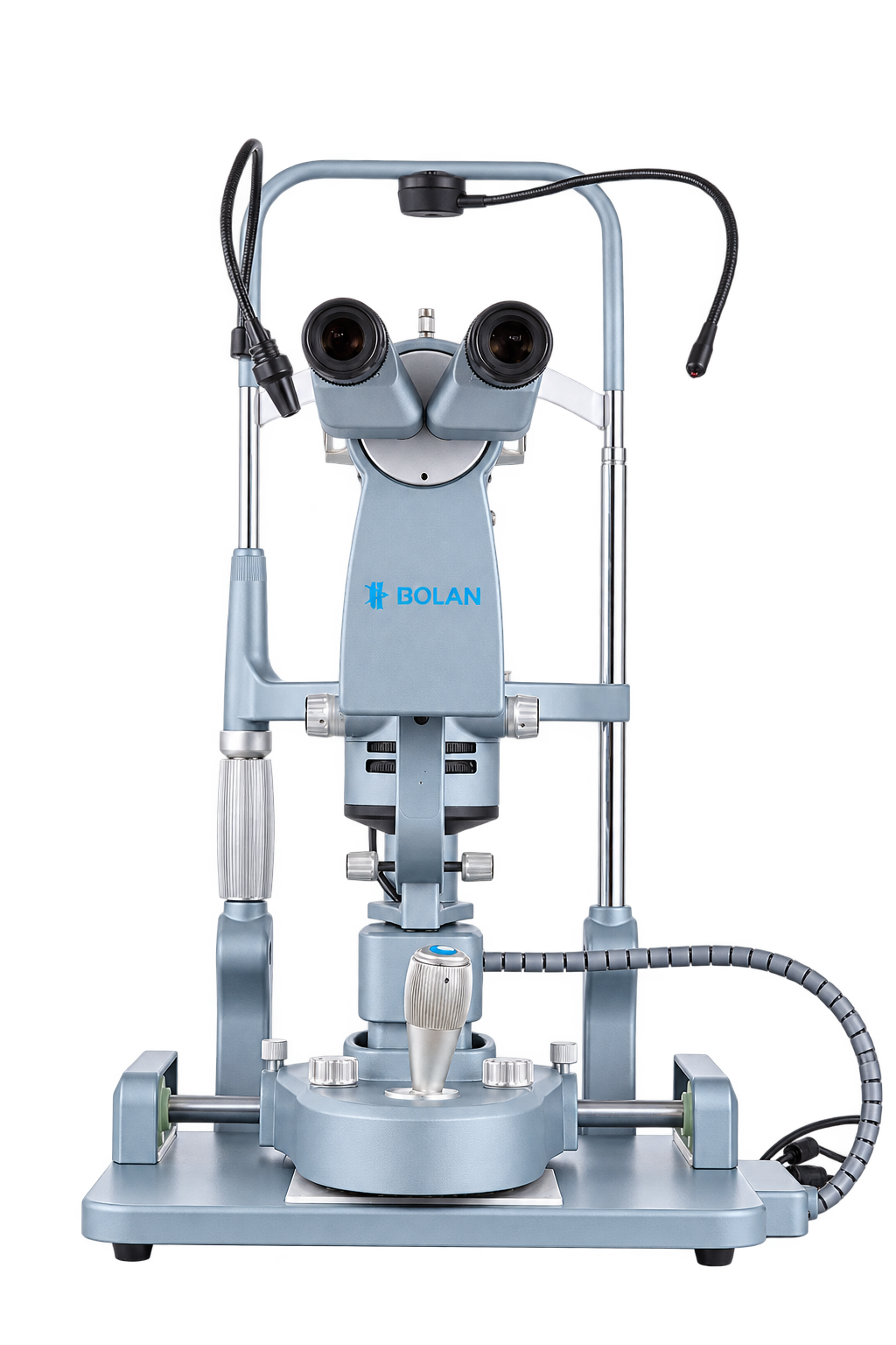 Front view of the BOLAN BL-9C slit lamp with lower-mounted illumination